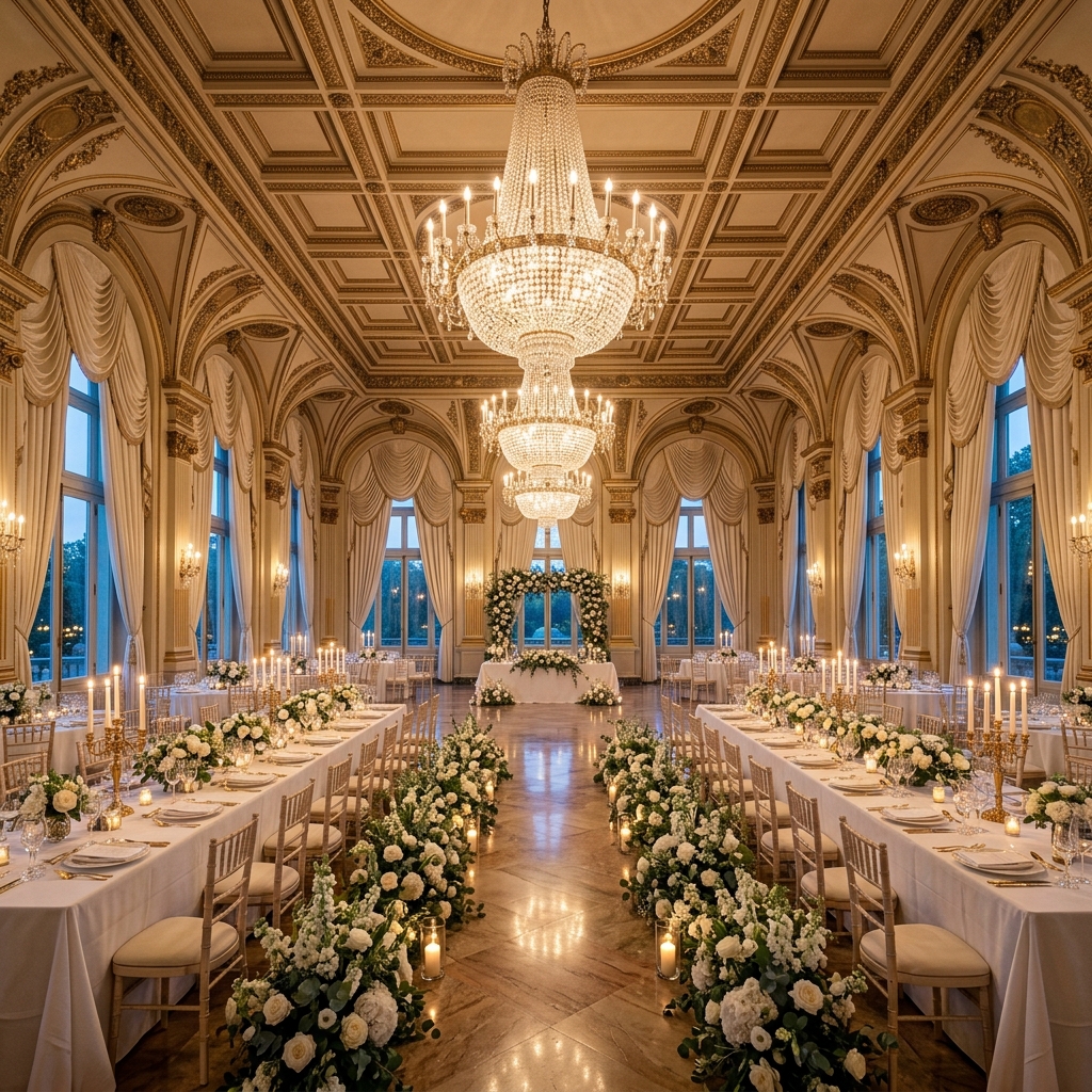 Grand luxury wedding ballroom with crystal chandeliers